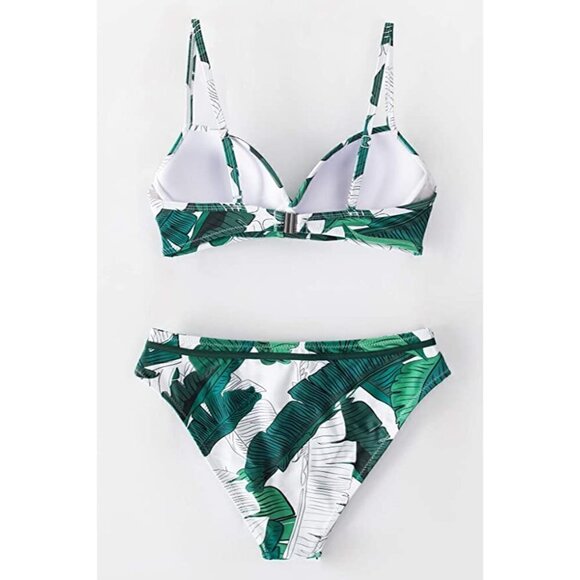 NEW White & Green Leafy Tropical Print Bikini Swim Set Size Small - Picture 2 of 9